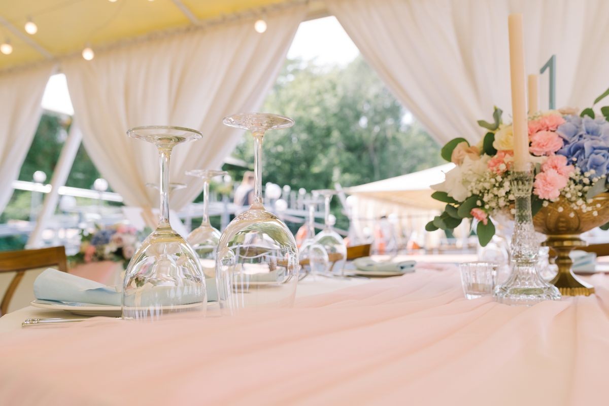 Wedding flowers and festive table layout